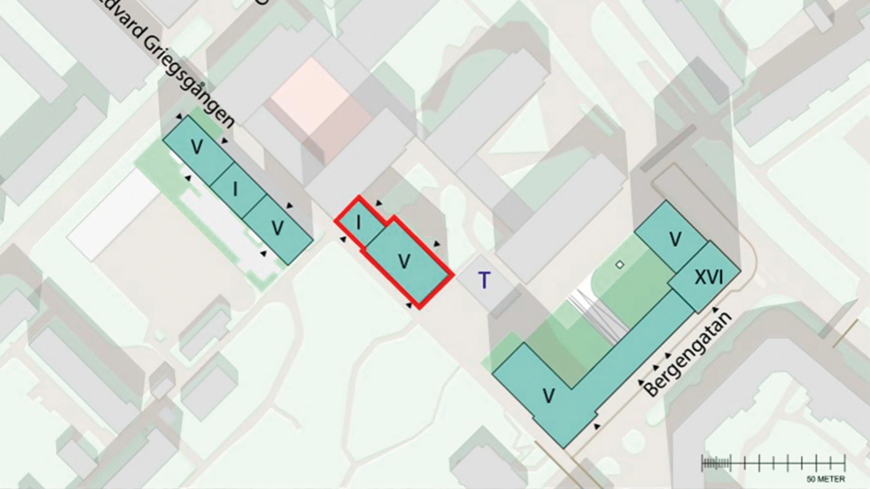 Illustration som visar södra delen av planområdet med byggnaden som har utgått ur detaljplanen markerad.