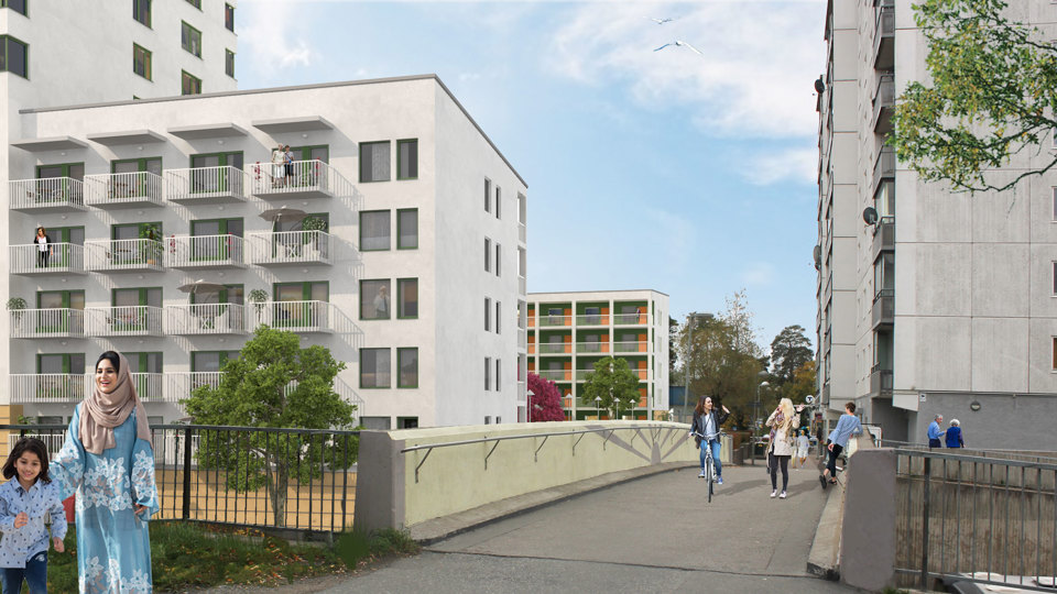 Gångbro sett snett framifrån med flerbostadshus i bakgrunden. Människor i rörelse, illustration.