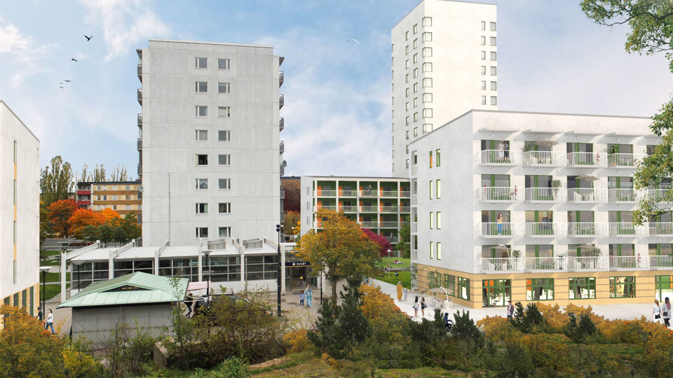 Gröna ytor och träd i förgrunden, flerbostadshus i bakgrunden, illustration.