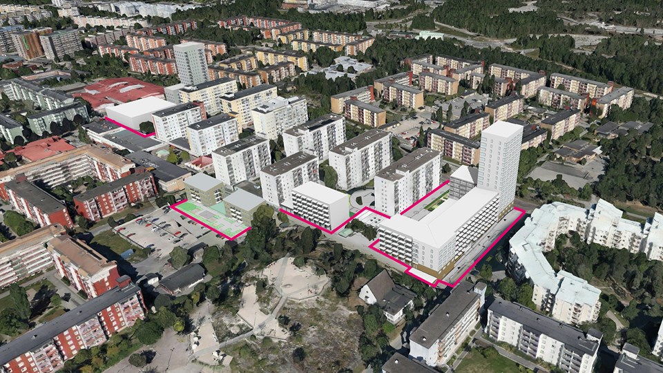 Flygvy över Husby centrum sett snett ovanifrån med nya bostäder markerade, illustration.