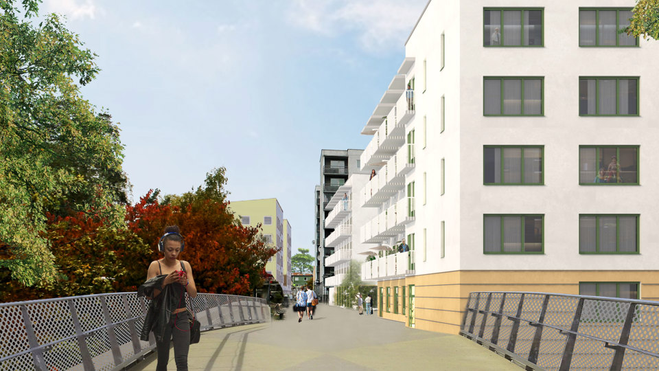 Gångbro mot bostadsområdet. Hus i bakgrunden.  Människor i rörelse, illustation.