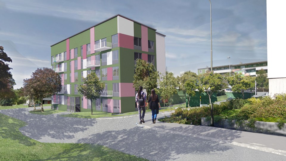 Vy mor flerbostadshus med fasad i grönt och rosa, gångväg, träd, människor i rörelse, fotomontage.