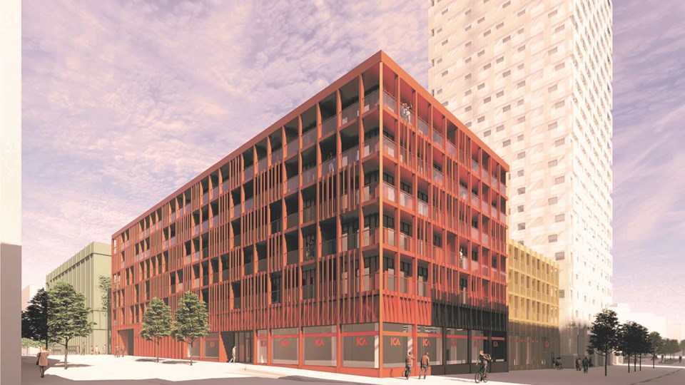 Rött bostadshus med sex våningar och Ica-butik på markplan. Gult bostadshus med fyra våningar. Illustration.