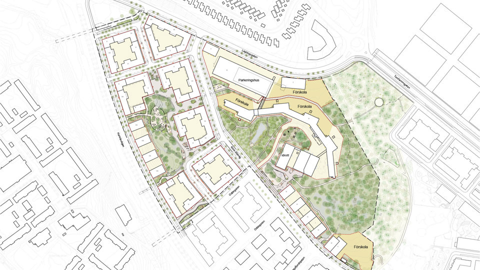 Illustrationsplan över nya bostadshus och förskola.