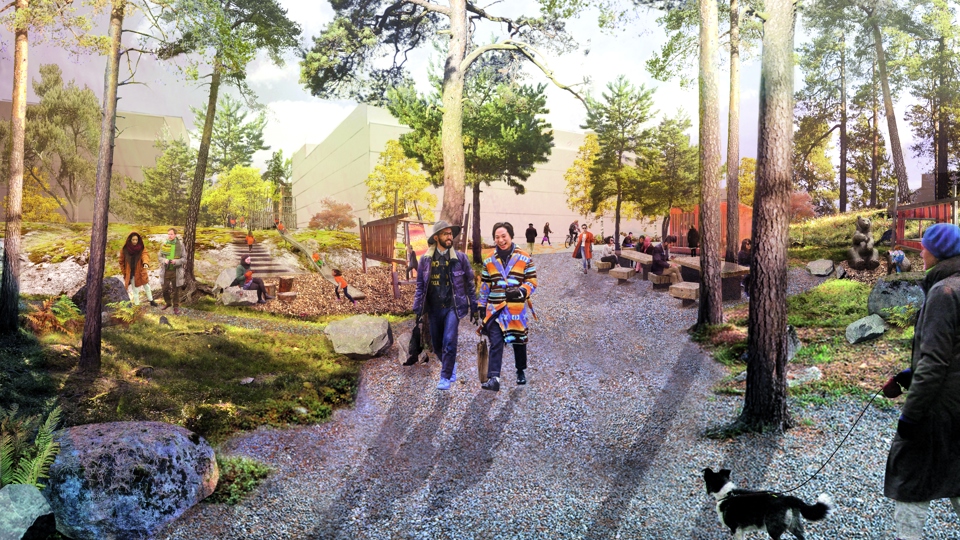 Gångstig som går igenom parken. Träd, trappa, sittgrupp i trä. Människor som sitter och är och promenerar. Illustration.