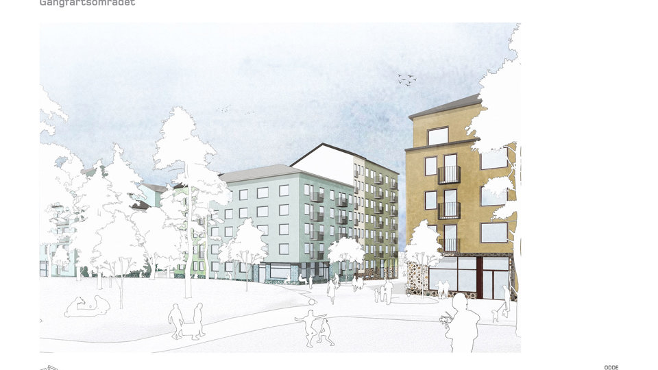 Bostadshus, gångväg, träd och gräsmattor. Människor som promenerar, spelar boll  och sitter på gräsmattan. Illustration.