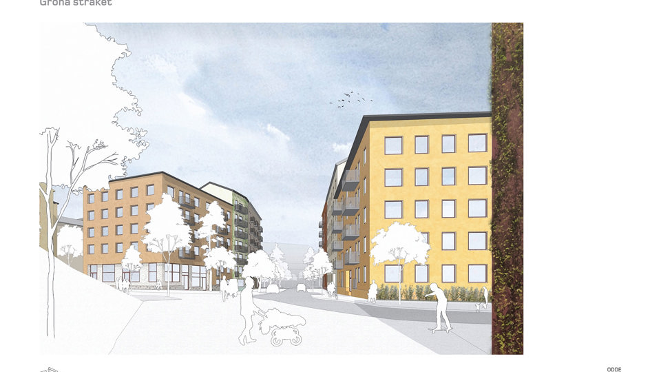 Bostadshus, träd, kulle, trottoar, gata och människor i rörelse. Illustration.