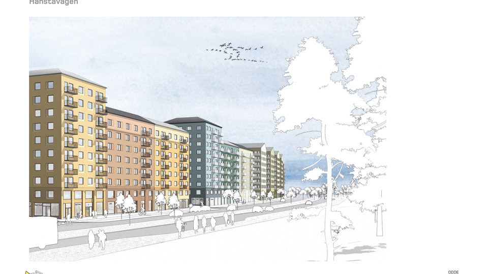 Flervånings bostadshus med balkonger som ligger vid allé och bildväg. Illustration.