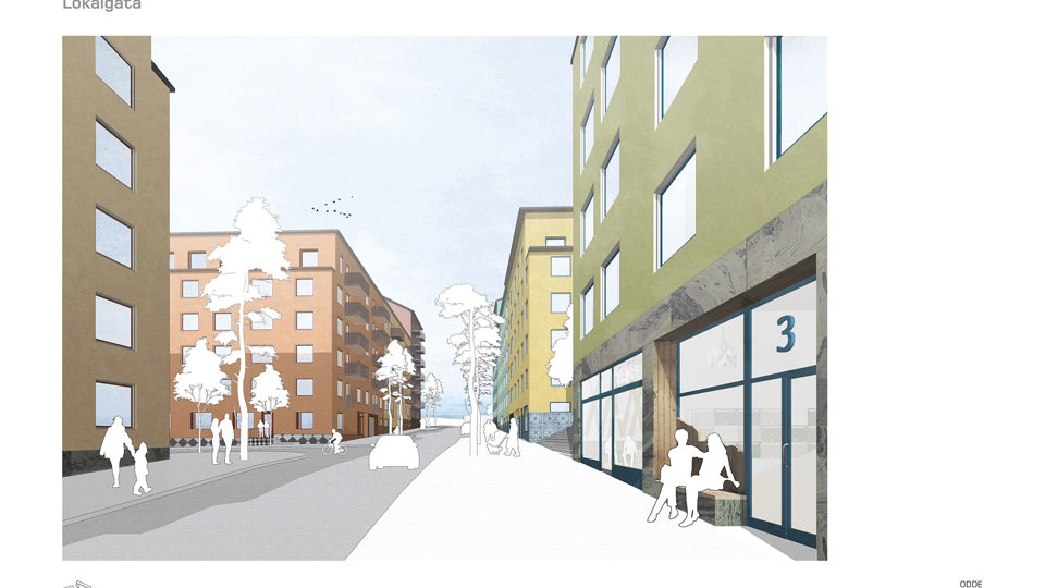 Gata vid bostadshus med trottoar och planterade träd. Människor och bilar i rörelse. Illustration.