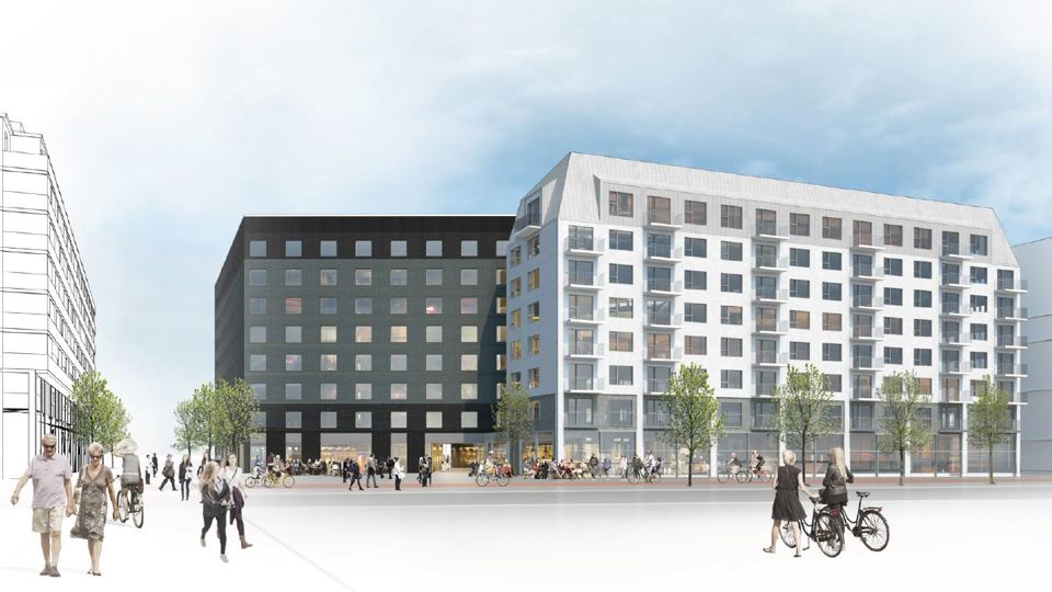 Vy mot flerbostadshus, torg, människor i rörelse, illustration.