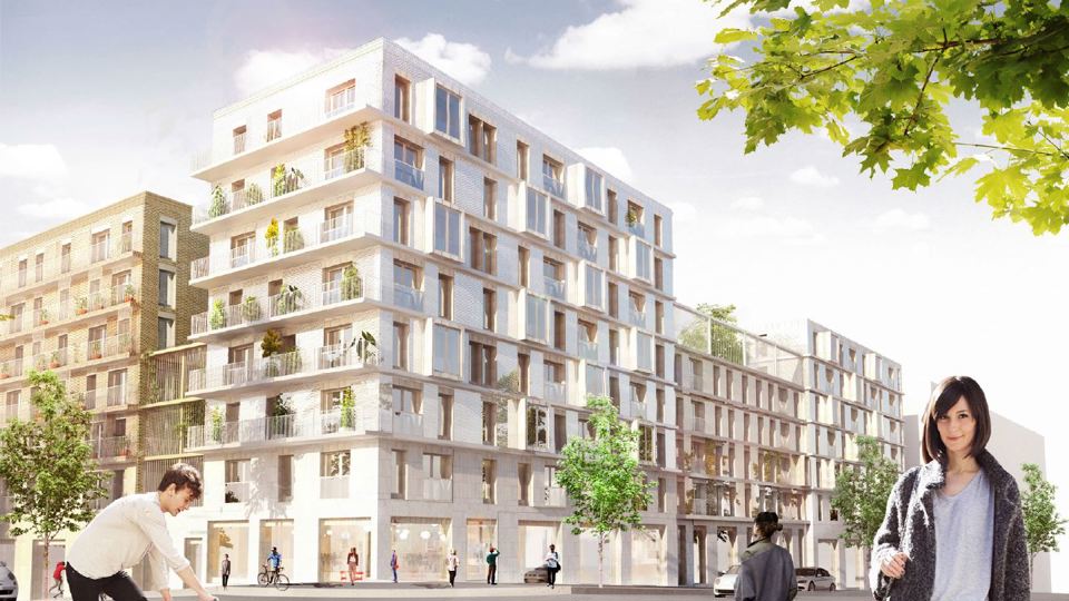 Vy mot flerbostadshus i olika nivåer, med takterrass, människor i rörelse, illustration.