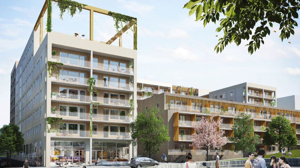 Vy mot flerbostadshus med verksamhetslokaler på bottenvåning, takterrass, mä'nniskor i rörelse, illustration.