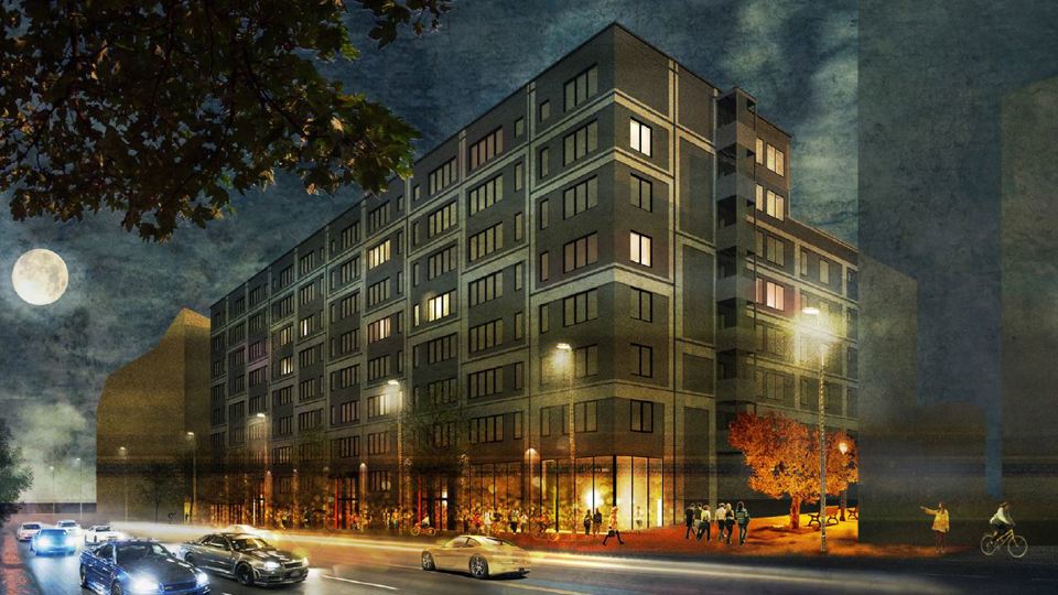 Vy mot flerbostadhus med verksamhetslokaler på bottenvåning, människor i rörelse, kvällstid, illkustration.