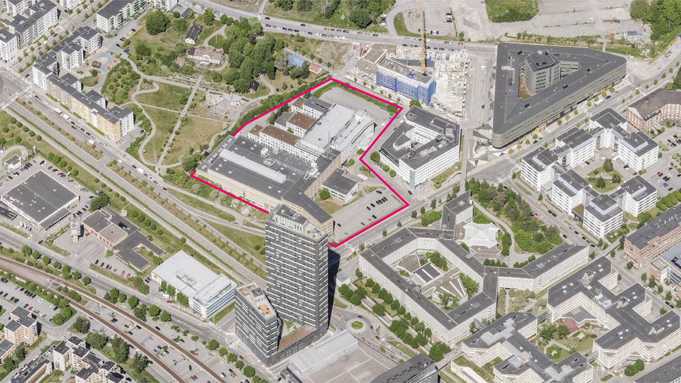 Flygbild över del av Kista där planområdet är markerat med rosa.
