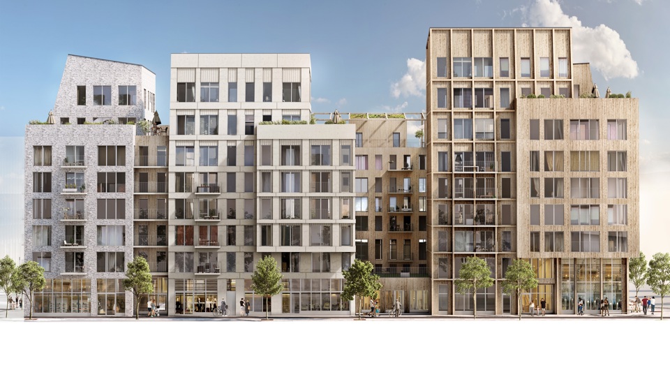 Vy mot flera flerbostadshus i olika utföranden, fasader, illustration.