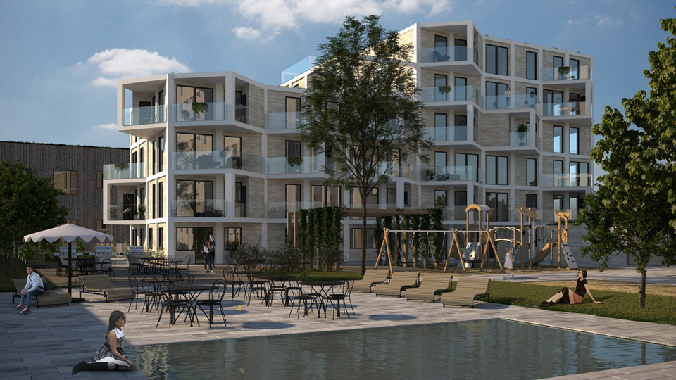 Park- och gårdsyta med sittplatser, damm, lekplats, i bakgrunden syns flerbostadshus med assymetrisk fasad, illustration.