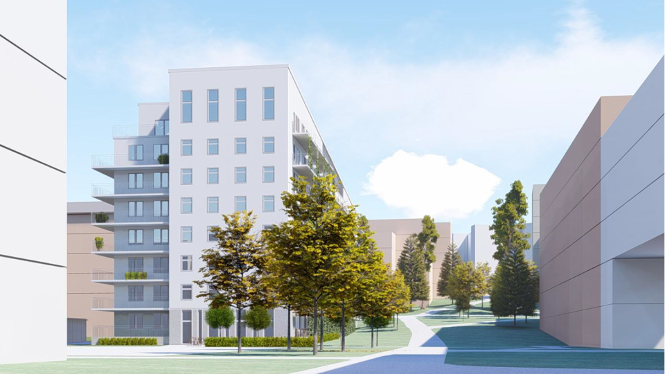 Vy genom område med flerbostadshus, illustration.