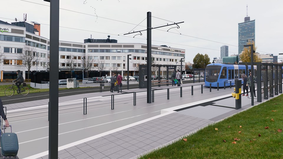  Vy över hållplats Ärvinge med inkommande tåg. Människor på plattformen. Kista front syns i bakgrunden. Illustration