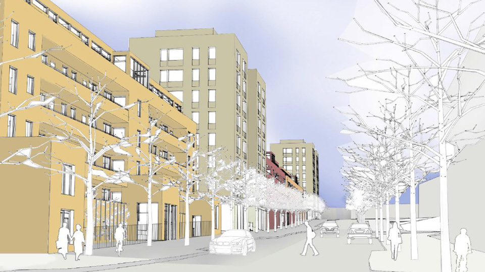 Flerbostadshus i olika nivåer längs med gata, illustration.