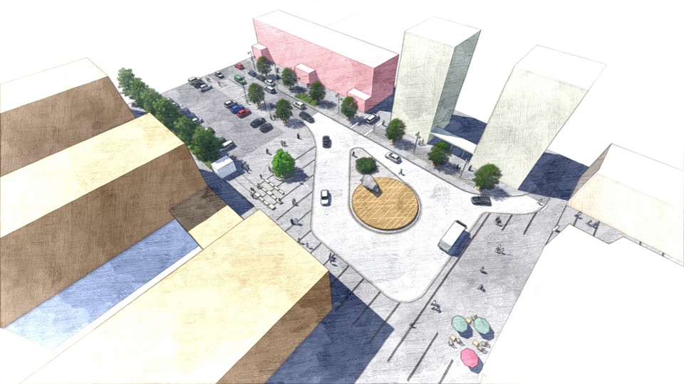 Illustration uppifrån över Rinkebyplan.