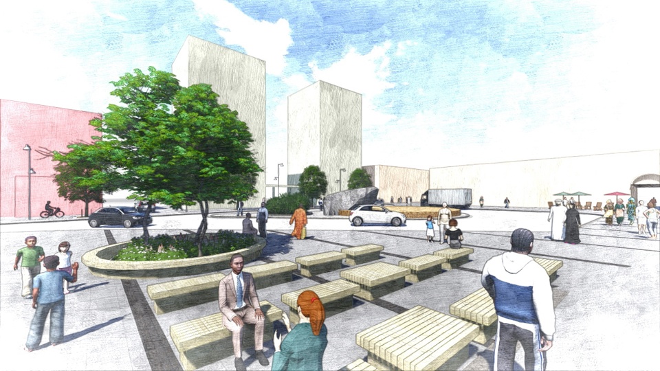 Illustration över Rinkebyplan med bänkar och människor.