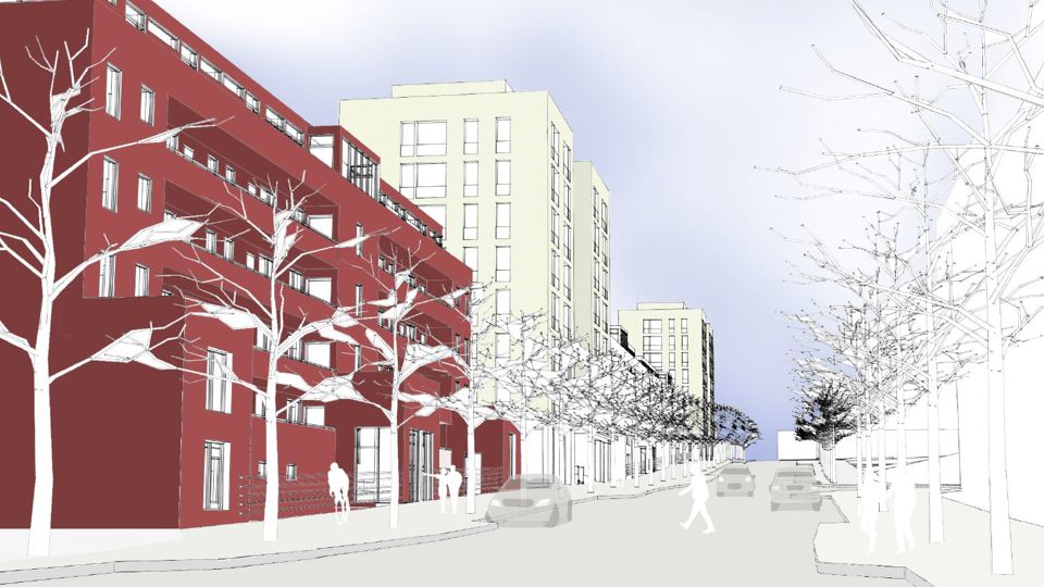 Illustration över Rinkeby Allé med husfasader, träd och bilväg.