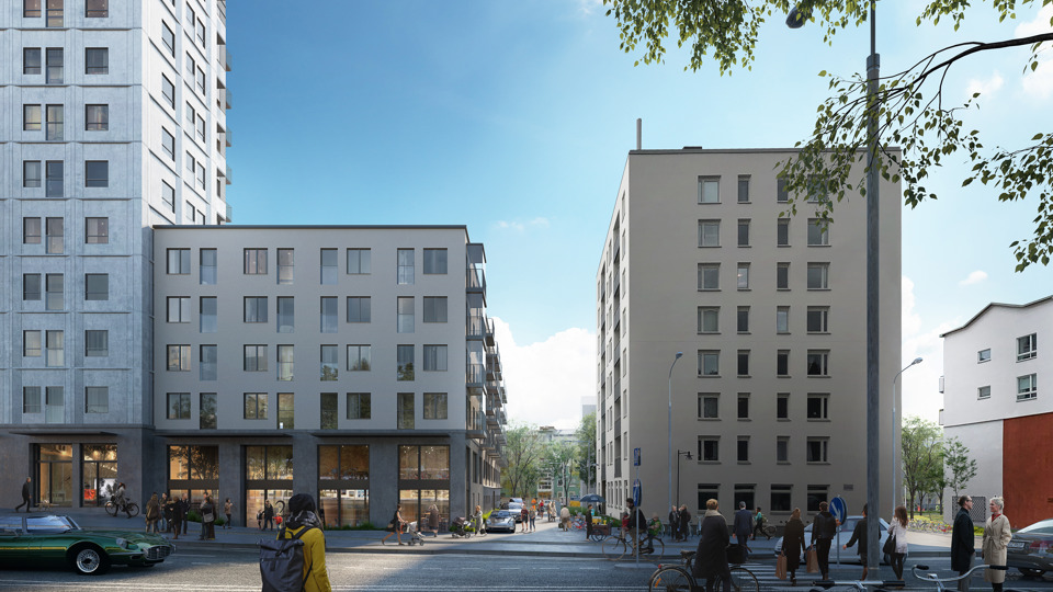 Vy mot byggnader, flerbostadshus i nivåer, människor i rörelse, illustration.