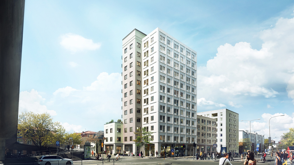 Flerbostadshus med cirka 10-11 våningar, människor i rörelse, illustration.