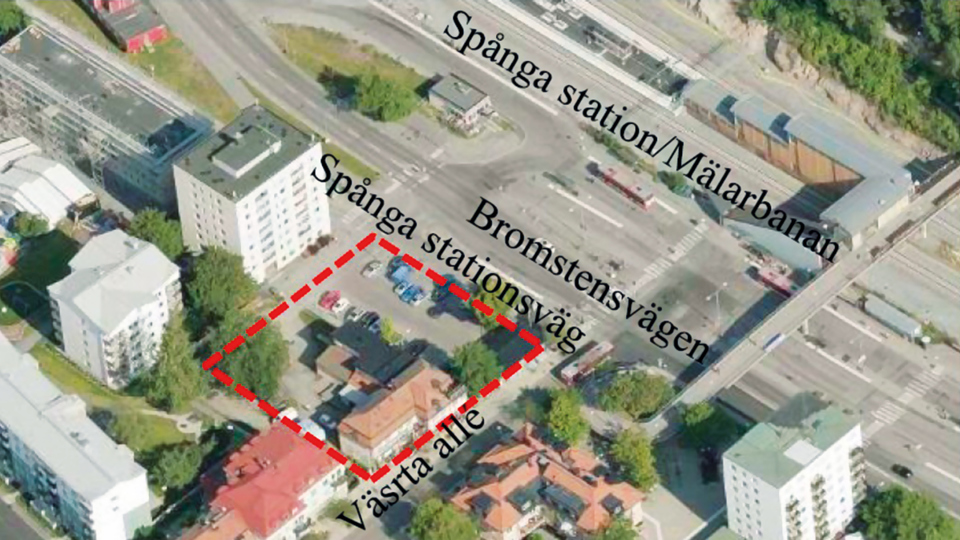 Flygvy över området med planområdet markerat med rött.