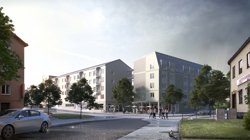 Vy mot flerbostadshus i vinkel. Träd, bil, verksamheter och människor i rörelse, illustration.