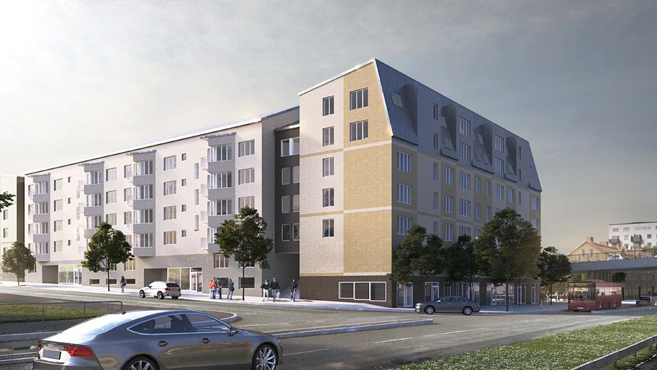 Bostadshus med fem våningar i korsning. Människor, bilar och buss i rörelse, visionsbild.