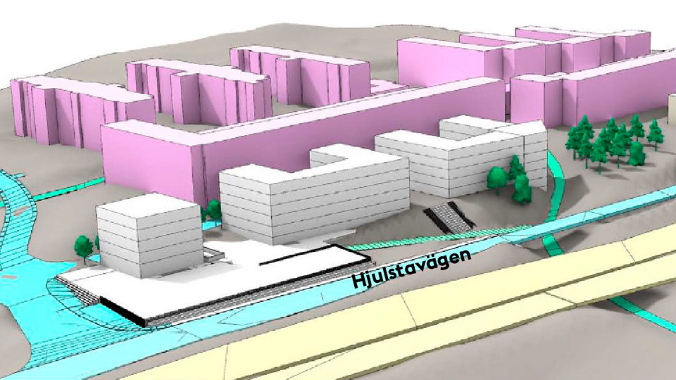 Hus sedda från Hjulstavägen. Tre byggnader i vitt och flera byggnader bakom dem illustrerade i rosa färg. Illustrationer.