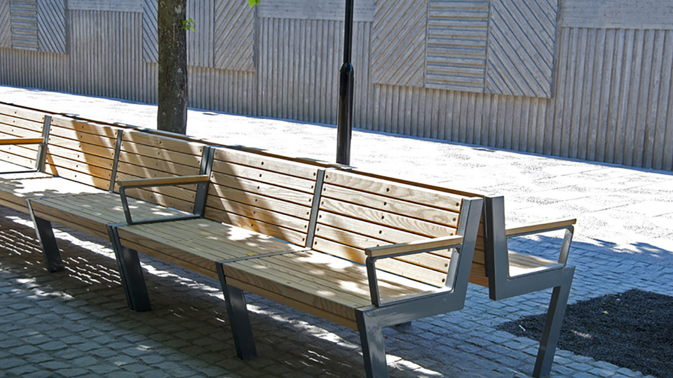 Rad med parkbänkar under träd, fotografi.