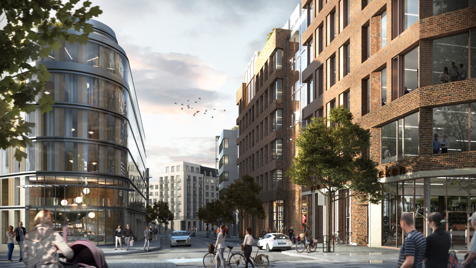 Gata med omgivande flerbostadshus och verksamhetslokaler, till vänster hus med stora glaspartier, till höger hus i brunt tegel, människor i rörelse i stadsmiljö, illustration.