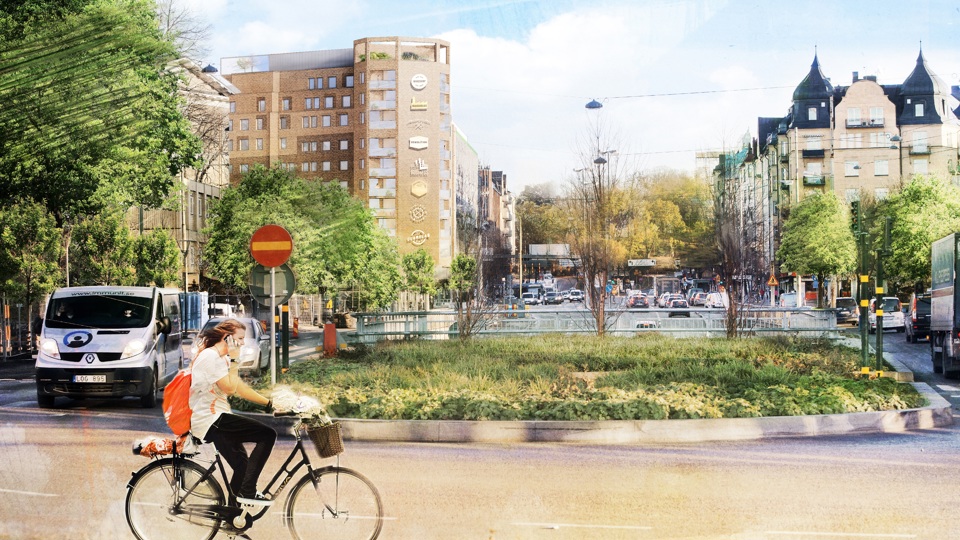 Person på cykel, stadsmiljö, bilar, illustration.