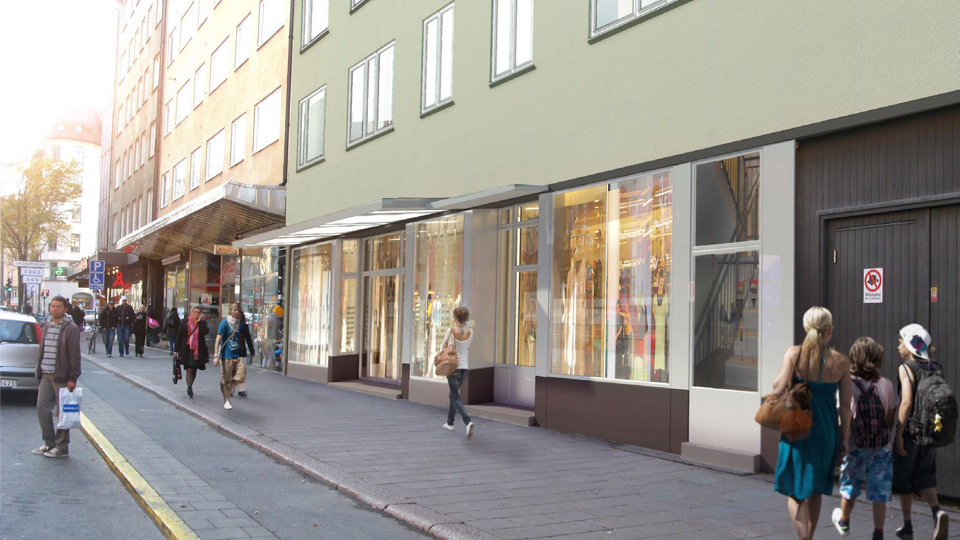 Trottoar, människor i rörelse, fasad, illustration.