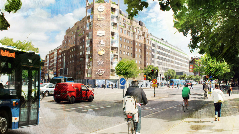 Korsning i stadsmiljö, bilar, buss och människor i rörelse. Vy mot flervåningsbyggnad i hörnet av korsningen, illustration.