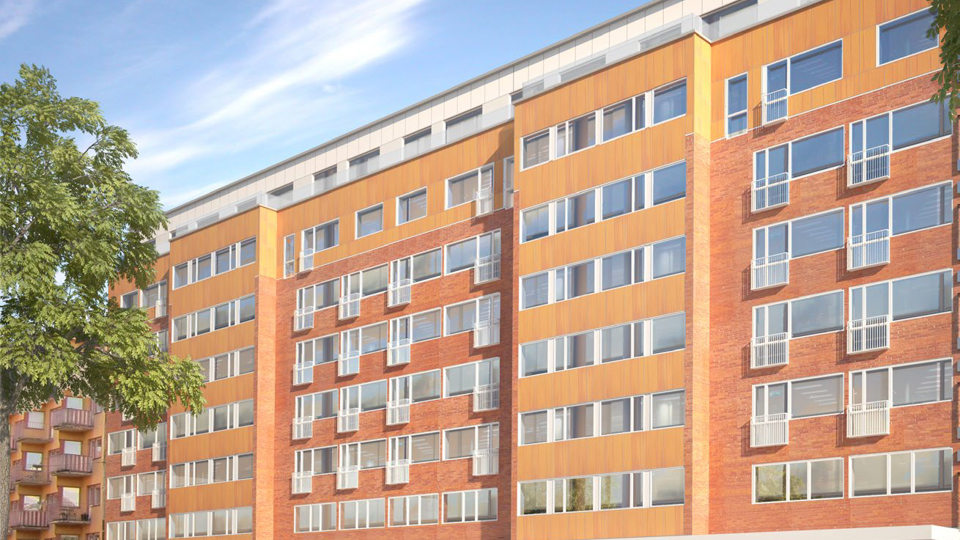 Fasad i rött tegel, flera våningar högt flerbostadshus, illustration.