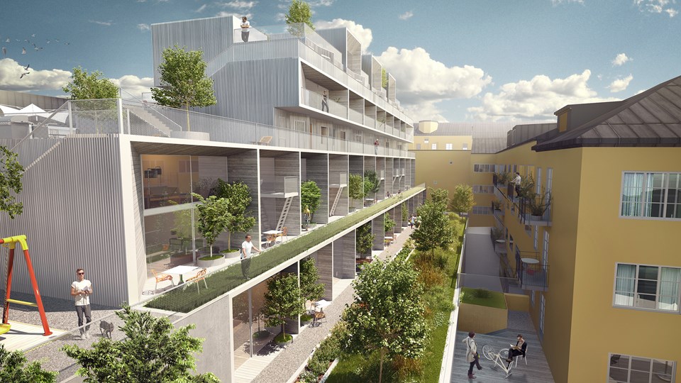 Gårdsmiljö mellan flerbostadshus, balkonger, människor i rörelse, illustration.