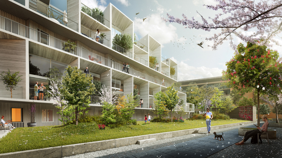 Gångstråk, grönyta, flerbostadshus, människor i rörelse, illustration.
