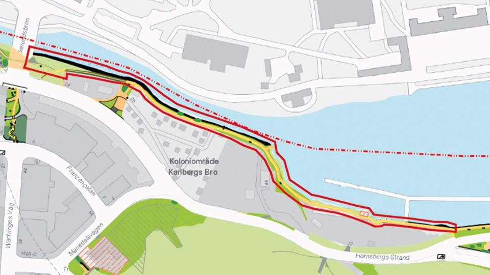 Karta över strandpromenaden och Karlbergskanalen med pågående utrednings- och undersökningsarbeten markerade.