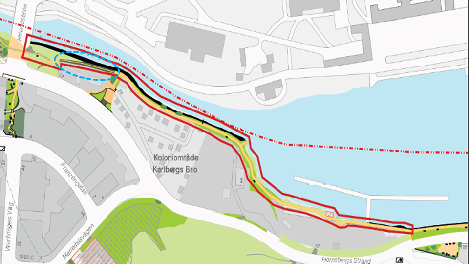 Karta över strandpromenaden och Karlbergskanalen med den avstängda delen av strandpromenaden markerad.