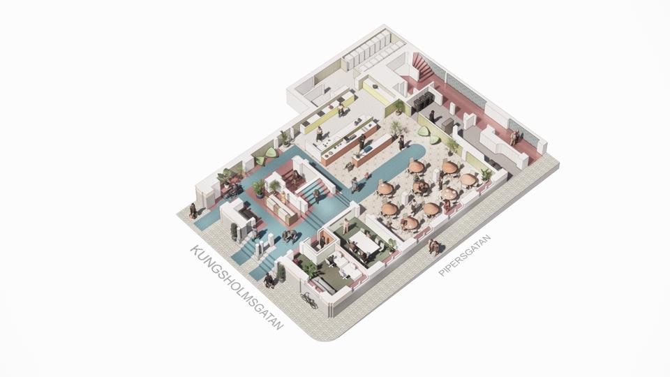 En illustration som visar hur utrymmet på entréplan kan fördelas mellan trapphus och till exempel reception, arbetsplatser och café 