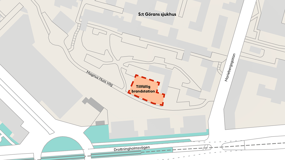 Karta över området vid S:t Görans sjukhus och placering av tillfälliga brandstationen, illustration.