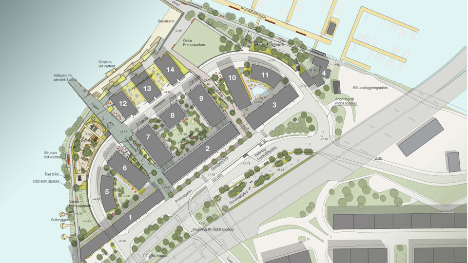 Situationsplan över planområdet där nya byggnader är utritade och markerade med siffror.