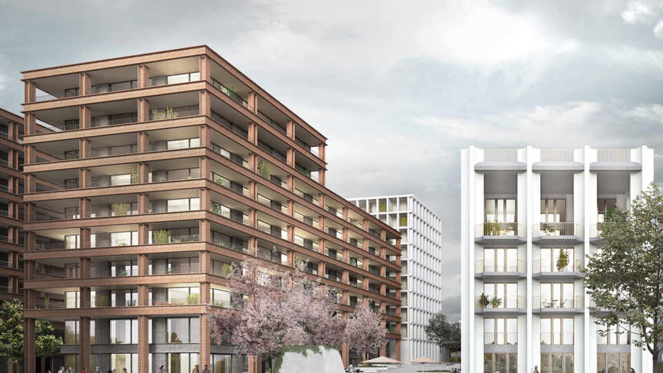 Vy mot flerbostadshus, körsbärsträd i blom, sittplatser, människor i rörelse, illustration.