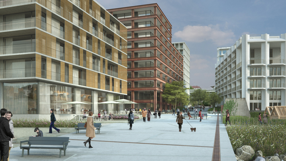 Gågata, flerbostadshus med verksamheter på gatuplan, människor i rörelse, illustration.