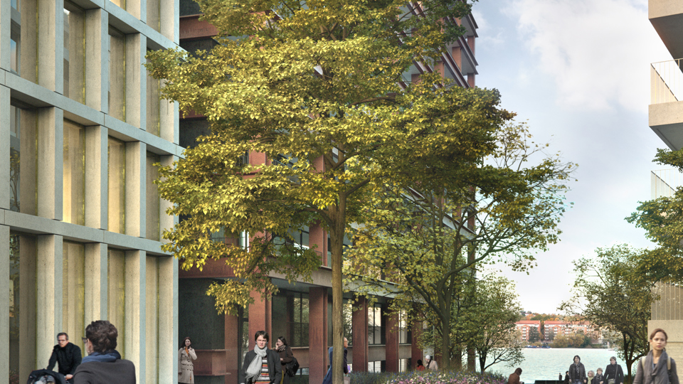 Parkstråk, flerbostadshus längs med, träd, människor i rörelse, illustration.