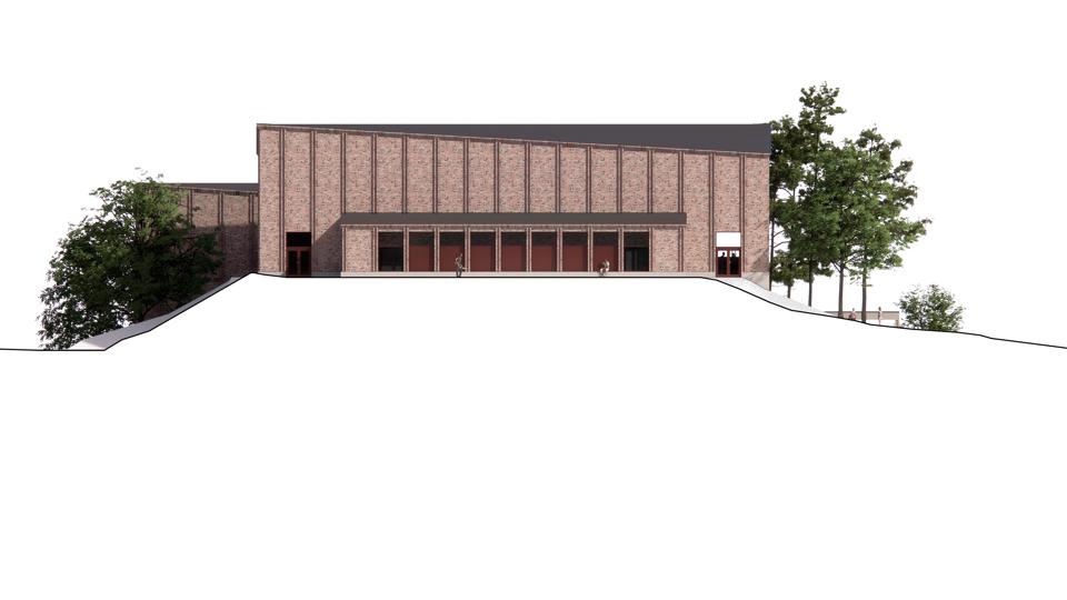 Perspektiv från söder. Huskropp med rakt tak på kuperad mark, illustration.