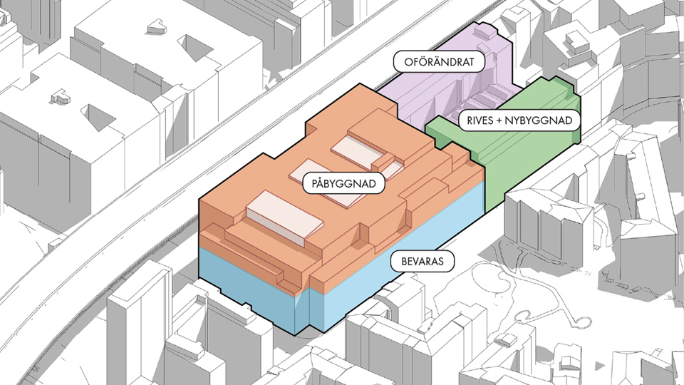 Illustration som visar var det ska byggas nytt, vilka som ska förändras och vad som ska rivas.